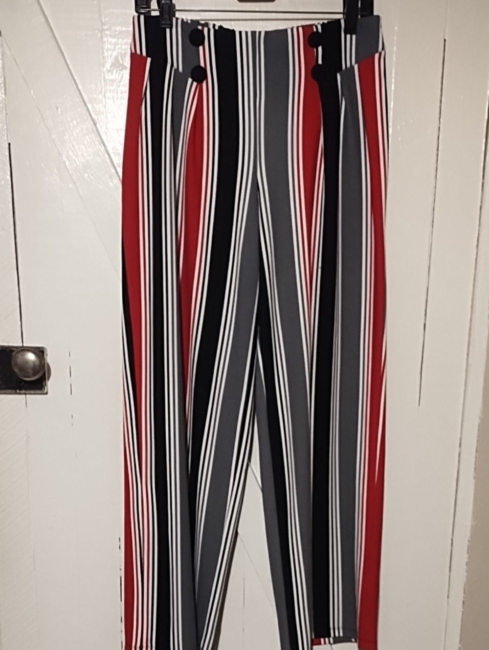 Like New Striped Pants In Red, Black, Gray, And White. Small.